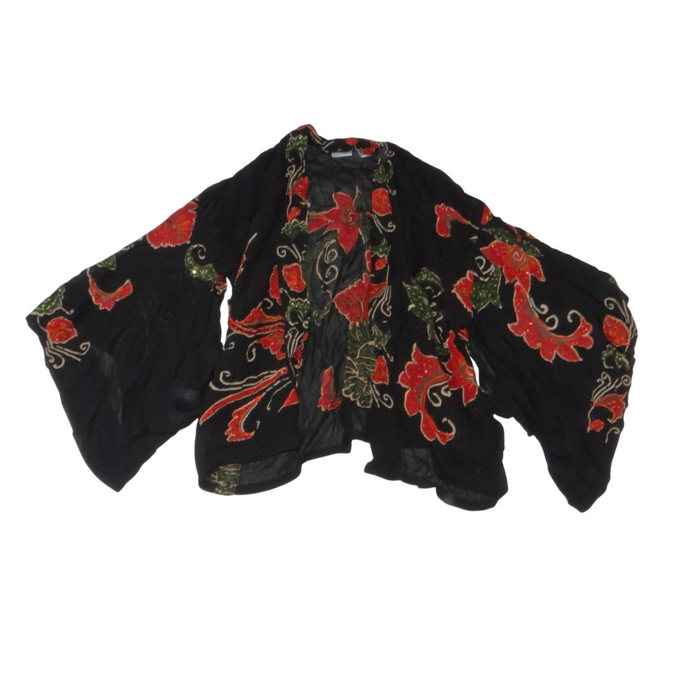 Chico's Black Floral Embroidered Sequin Kimono Jacket Wide Sleeve Size S/M 4297